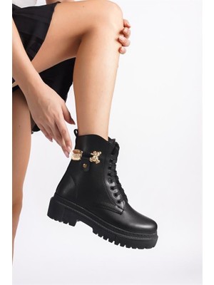 Difolia Kadın Eva Siyah Bagcıklı Fermuarlı Ayıcık Tokalı Kalın Taban Günlük Kısa Postal