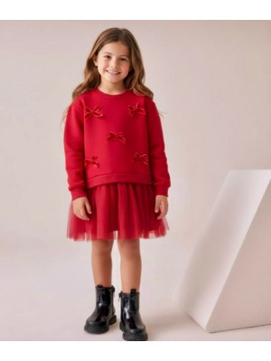 The Littles Kids Kız Çocuk Kadife Kurdele Detaylı %100 Pamuklu Kumaş Tütü Etekli Astarlı Bayramlık Elbise