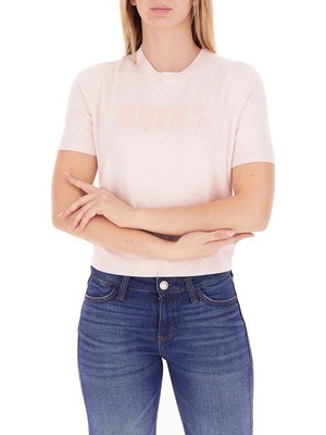 Guess Kısa Kollu Bisiklet Yaka Norah Logolu Triko Kadın Pembe Triko W6RR47Z2NQ2-A627