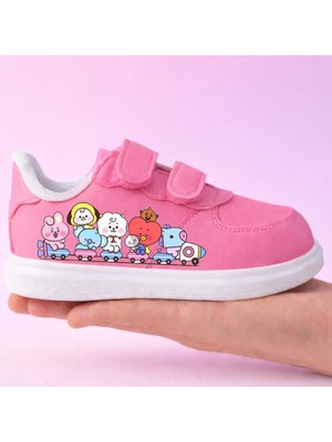 Lias Design Renkli Tren Karakterler Baskılı Pembe Bantlı Çocuk Spor Ayakkabı Sneaker
