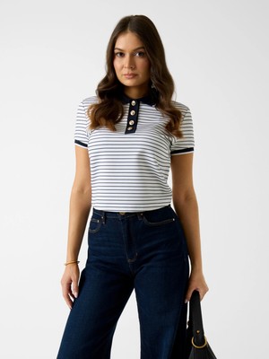 Guess Kısa Kollu Polo Yaka Alphonsine Çizgili Kadın Çok Renkli Polo T-Shirt W6GP17K2946-S0AK