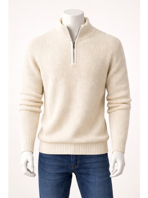 Lara Giyim Erkek Yarım Fermuar Krem Kazak Triko Örme Rahat Tam Kalıp