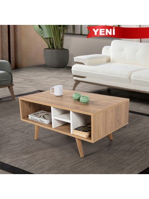 EVMO Home 2020 Sina Orta Sehpa ( Ahşap Ayaklı ) , Sepet - Beyaz