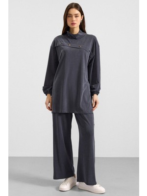 Olcay Metal Aksesuarlı Premium Kumaş Sweat Pantolon Takım Lacivert 9404-TK