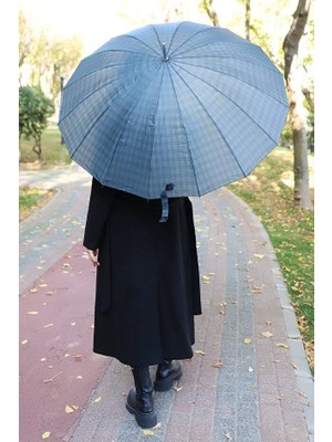 Macerati  16 Telli Kaliteli Ekos Desenli Haki Kırılmaz Şemsiye Ahşap Sap Umbrella