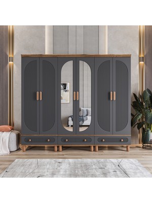 Velmo Barrel 6 Kapaklı Aynalı Gardırop (Antrasit)