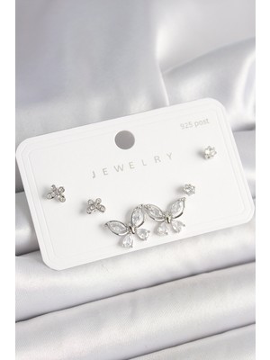 Nuveden Ieg™ 925 Ayar Gümüş Çivi Pirinç Gümüş Renk Zirkon Taşlı Kelebek Model Kadın Küpe Seti