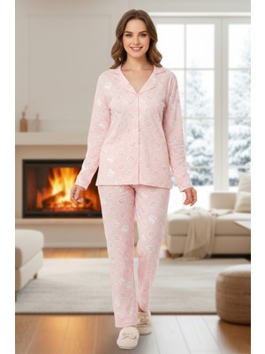 Remsa Kadın Ayıcık Desen Önü Düğmeli Suprem Pijama Takımı 0540 PEMBE10