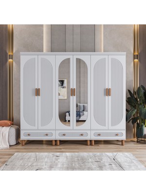 Velmo Barrel 6 Kapaklı Aynalı Gardırop (Beyaz)