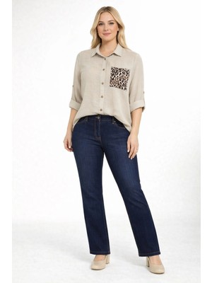 Moda Berray 1675-BEJ Kolu Apoletli Leopar Cep Detaylı Keten Gömlek