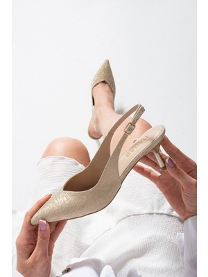 dababshoes Aurelıa Kadın Gold Sivri Burun Slingback 6 cm Ince Topuk Parlak Simli Abiye Ayakkabı
