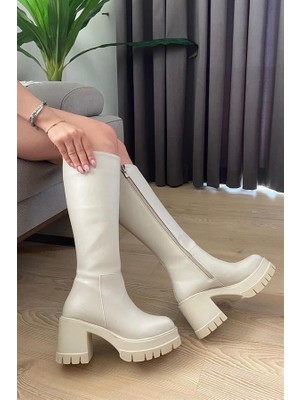 M&B COLLECT Kadın Krem Cilt 8 cm Topuklu Yandan Fermuarlı Çizme