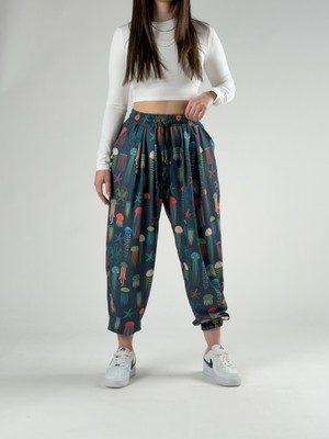 Cocopelli Renkli Deniz Anası Desenli Kadın Pileli Jogger Pantolon COC2830