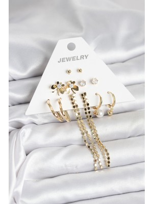 Nuveden Ieg™ Gold Renk Pirinç 6'lı Kadın Küpe Seti NVDN-RSBJT34