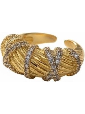 Cesicey Çelik Midye Desen Yüzük Ayarlanabilir x Zirkon Taşlı  Altın Renk