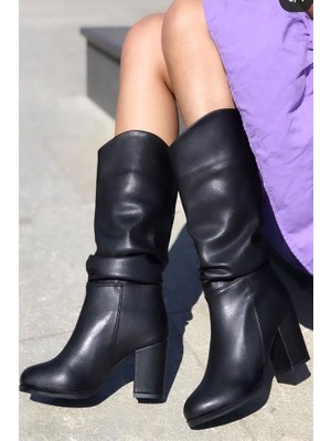 M&B COLLECT Kadın Siyah Cilt Körüklü Çizme