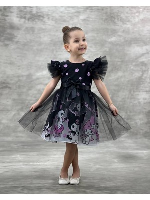 Danuna Kids Kız Çocuk Kuromi & My Melodi Baskılı Tüllü Kolları Tül Fırfırlı Doğum Günü/ Özel Gün Krep Elbise Siyah-Mor