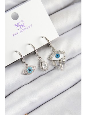 Nuveden Ieg™ Pirinç Zirkon Taşlı 3'lü Fatma'nın Gözü Model Gümüş Renk Kadın Küpe NVDN-RSBJT34