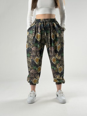 Cocopelli Kuru Kafa Desenli Kadın Pileli Jogger Pantolon COC2834