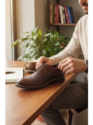 Enoch Hakiki Deri Kahverengi Dokulu ve Brogue Detaylı Bağcıklı Erkek Ayakkabı