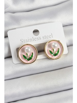 Nuveden Ieg™ Pirinç Pembe Mineli Lale Figürlü Sanatsal Portre Model Gold Renk Kadın Küpe NVDN-RSBJT34