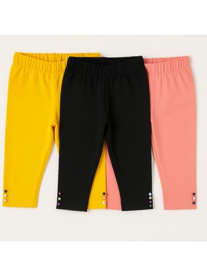 Mini Kanka Kız Çocuk 3’lü Kapri Tayt Seti – Düz Renk, Esnek Kumaş, Paça Çıtçıt Detaylı Günlük Tayt