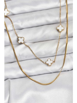 Nuveden Ieg™ 316L Çelik Zincir Gold Renk Italyan Zincirli Yonca Model Kadın Kolye NVDN-RSBJT34