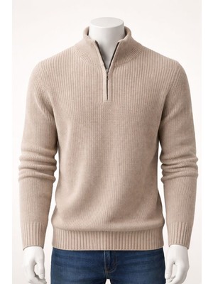 Lara Giyim Erkek Yarım Fermuar Bej Kazak Triko Örme Rahat Tam Kalıp