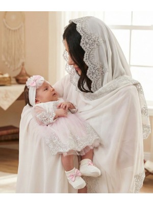 Eda Baby Mevlüt Özel Günler Için Fransız Dantelli 6 Parça Elbiseli Başörtülü & Battaniyeli-Anne Bebek Takım