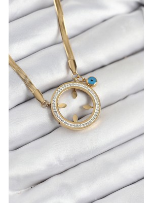 Nuveden Ieg™ 316L Çelik Zirkon Taşlı Çeyrek Takılabilir Gold Renk Kadın Kolye NVDN-RSBJT34