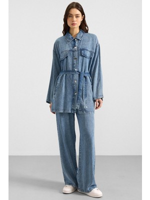 Olcay Çıt Çıt Kapamalı Soft Denim Ceket Pantolon Ikili Takım Mavi 9398-TK