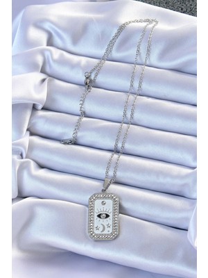 316L Çelik Zincir Gümüş Renk Mineli Zirkon Taşlı Göz Figür Tarot Kolye - Lisinya