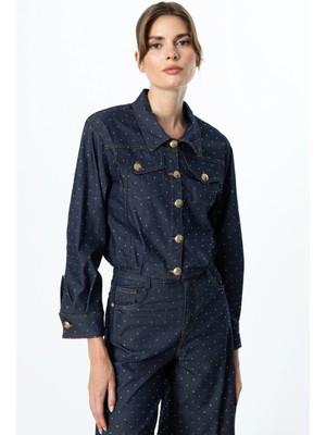 On Fashion Etek Ucu Pile Detaylı Taşlı Kadın Indigo Ceket 56514