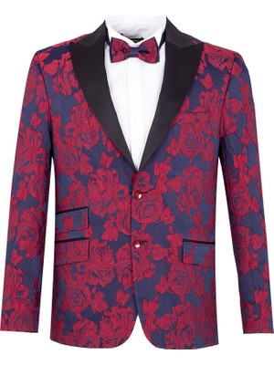 Özel Tasarım Çift Cepli Bordo Gül Desenli Blazer Ceket ve Papyon Takımı