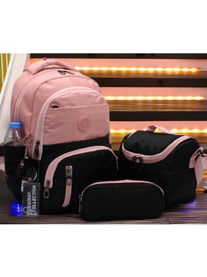 Ilk Okul Çantası 3'lü Seti Unisex Çocuk Ilkokul Çantası MTC-8010 Pudra-Siyah