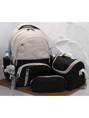 Ilk Okul Çantası 3'lü Seti Unisex Çocuk Ilkokul Çantası MTC-8010 Bej-Siyah