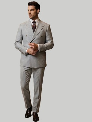 HERMOSE Prestige | Buz Grisi Çizgili Metal Düğmeli Kruvaze Takım Elbise