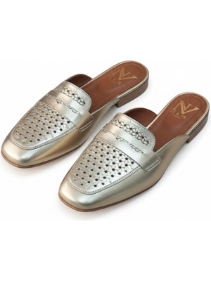 Ne&Ve Shoes Altın Deri Örgü Baskı Desenli Kadın Sabo Terlik