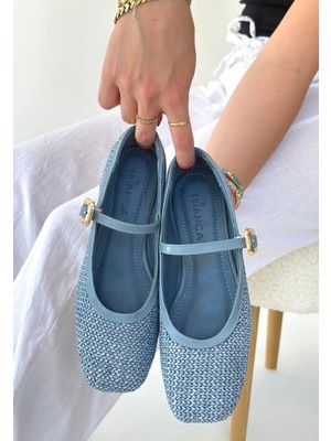 Armüz Rives Mavi Cilt Hasır Dokumalı Babet Ayakkabı