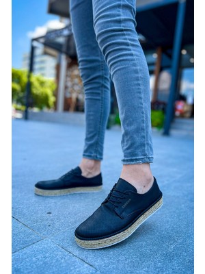 Zapatos CH117 Stamina Nuova Erkek Günlük Bağcıklı Hasır Taban Cilt Klasik Ayakkabı Cht - Siyah