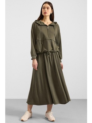 Olcay Kapüşonlu Bağcık Detaylı Premium Kumaş Sweat Etek Takım Haki 9403-TK