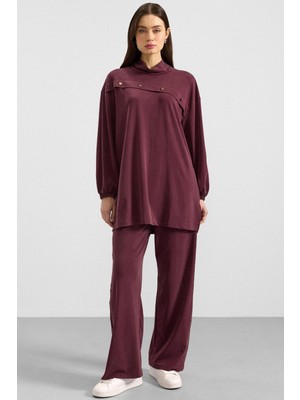 Olcay Metal Aksesuarlı Premium Kumaş Sweat Pantolon Takım Bordo 9404-TK