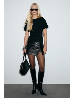 Grimelange Condımento Kadın Yumuşak ve Esnek Kumaşlı Büzgülü Slim Fit Siyah Bluz