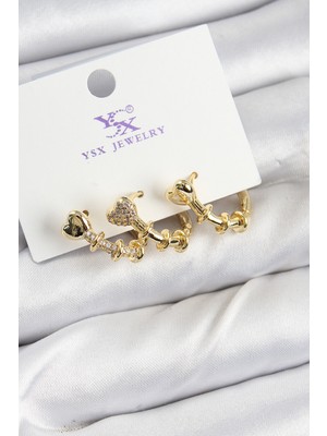 Nuveden Ieg™ Pirinç Zirkon Taşlı Kalp Model Gold Renk 3'lü Kadın Küpe NVDN-RSBJT34