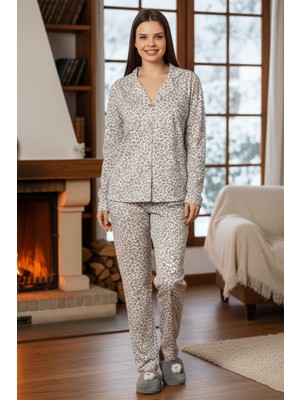 Remsa Kadın Leopar Desen Önü Düğmeli Suprem Pijama Takımı 0547 BEYAZ02