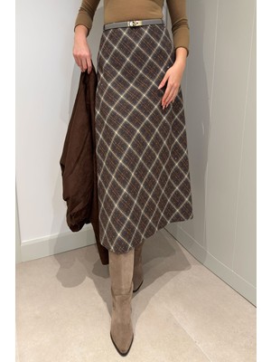 Magarde Taşlı Ekose Desen Etek- Kahverengi