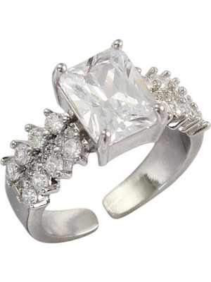 Cesicey Çelik Tek Taş Yüzük Ayarlanabilir Baget Zirkon Taşlı Gümüş Renk