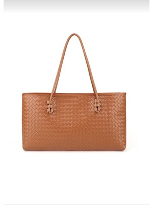 Özüm Takı Çanta Kadın Fermuarlı Örgü Detay Baget El ve Omuz Çantası Taba