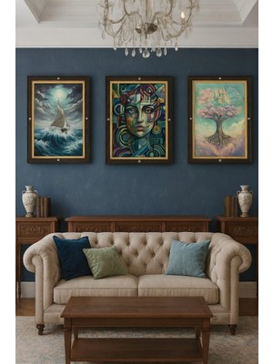 Safir Design Lüks Mavi ve Yeşil Sürrealist Figürlü 3lü Tablo Seti | Modern Çerçeveli Tablo