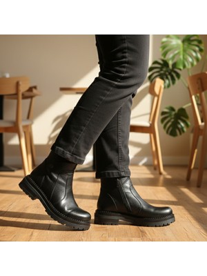 Hakiki Deri Kadın  Siyah Bot